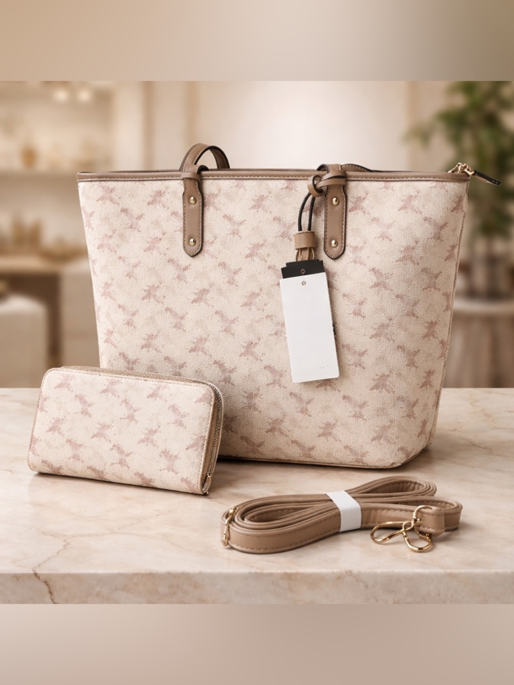 Beige Patterned Tote Bag with Matching Wallet and Strap